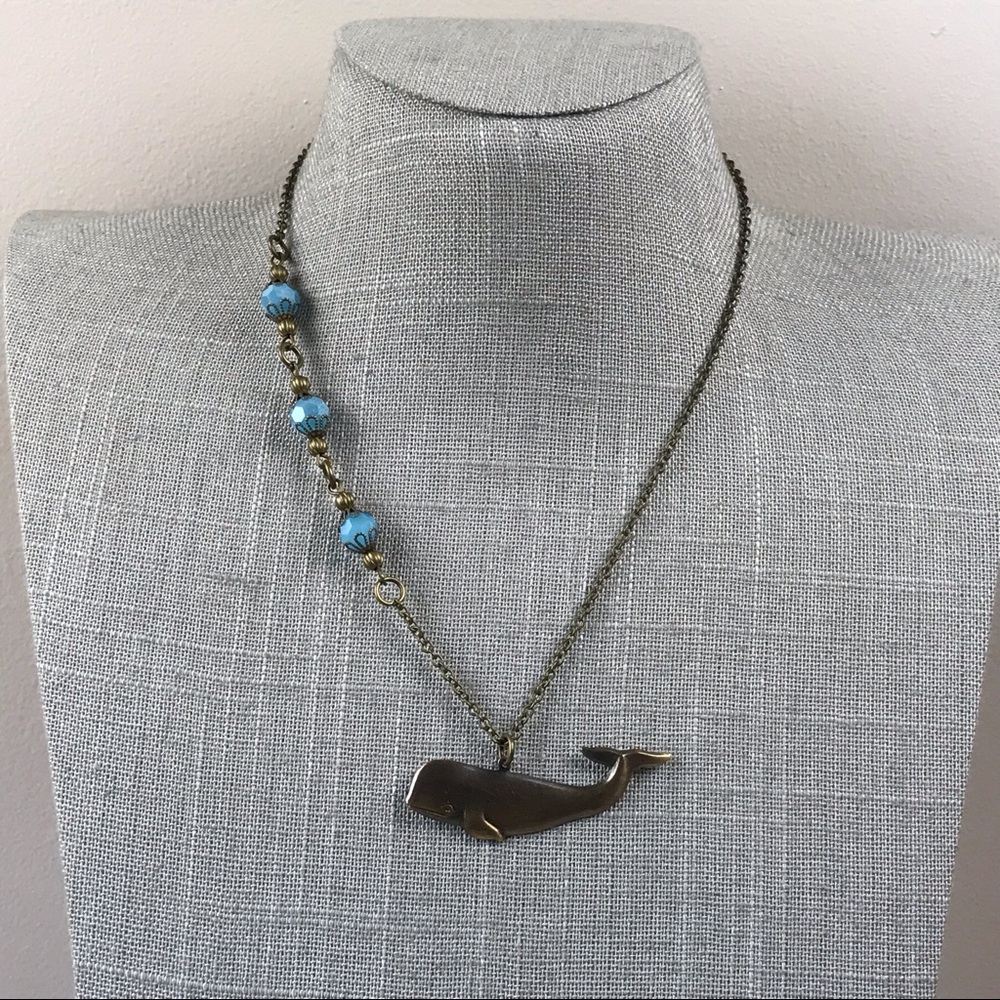 Handmade brass sperm whale necklace w/blue beads